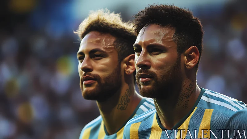 Focused footballers gaze toward the pitch in stadium light.