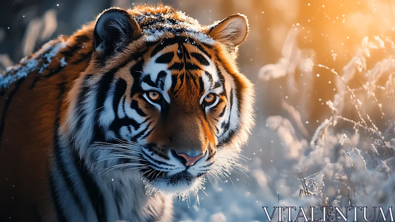 Tiger moves through snowy field under warm sunrise glow