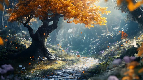 Ancient Golden Tree in Enchanted Valley Forest