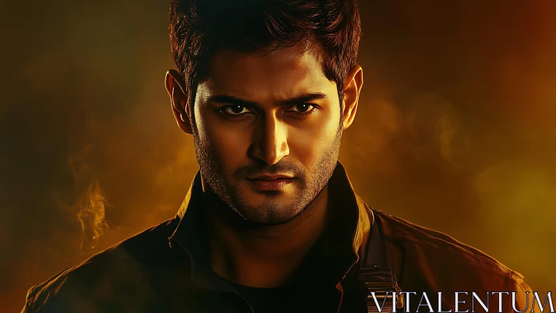 Intense hero portrait burns against dramatic golden haze