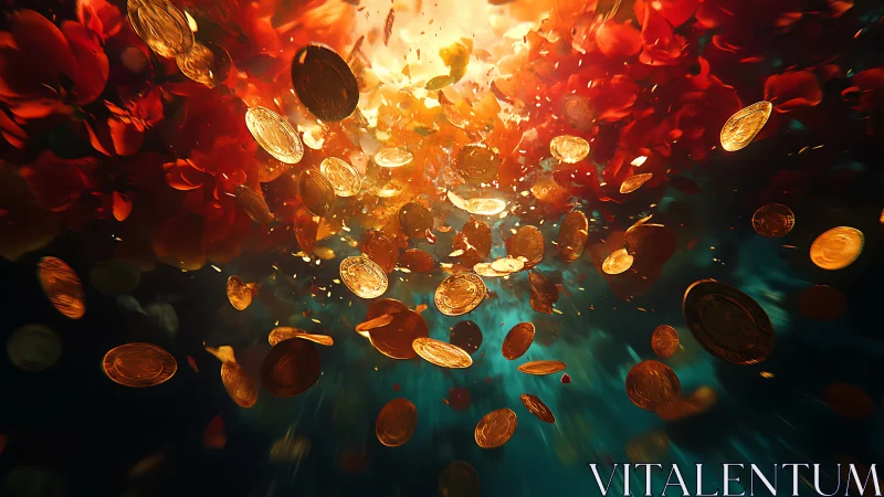 Explosive radial burst of golden coins with red petal debris