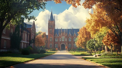 Golden autumn walkway leads to a welcoming brick campus hall