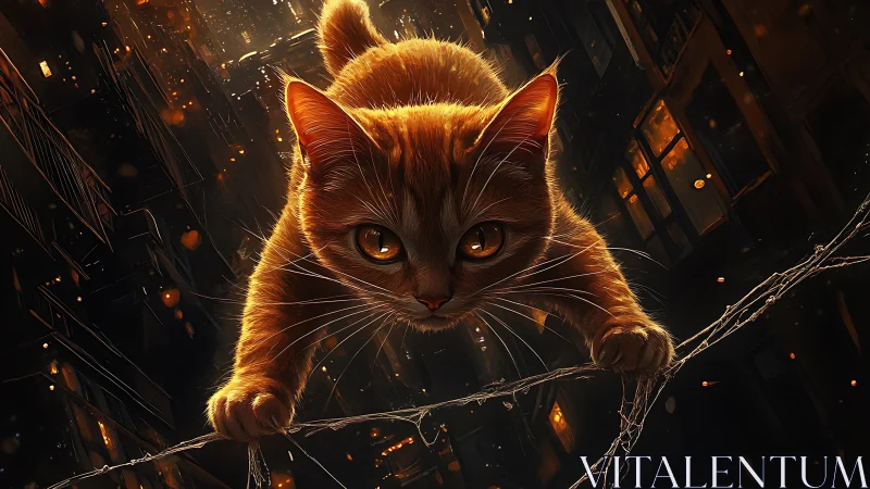 Golden Cat with Luminous Eyes in Urban Neon Setting.