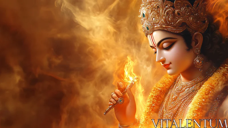 Digital rendering shows ornate deity figure holding flame