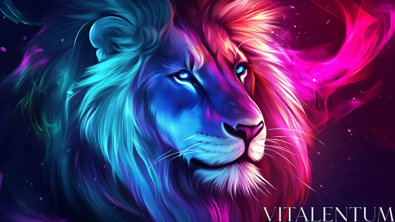 Radiant neon lion drifting through cosmic twilight.