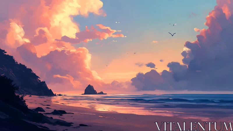 Coastal shoreline under vivid sunset cloud formations.