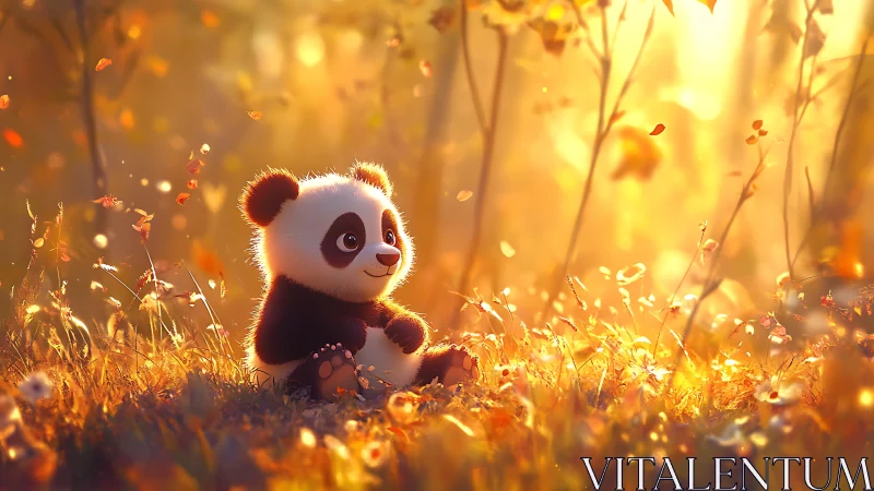 Tiny panda soaks in a golden autumn daydream of light