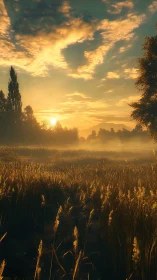 Golden sunrise pours over misty field and distant hills