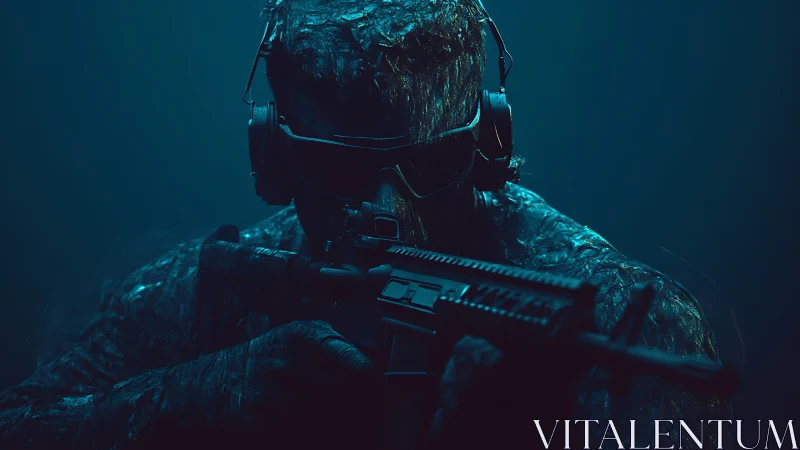 Silent specter leans from the blue gloom with rifle ready