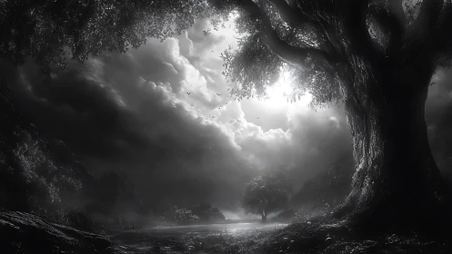 Monochrome stormlit valley with silhouetted ancient trees at dusk