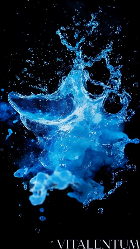 Lively blue water splash dancing against deep night sky.