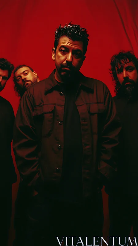 Moody band portrait glowing against a bold red backdrop.