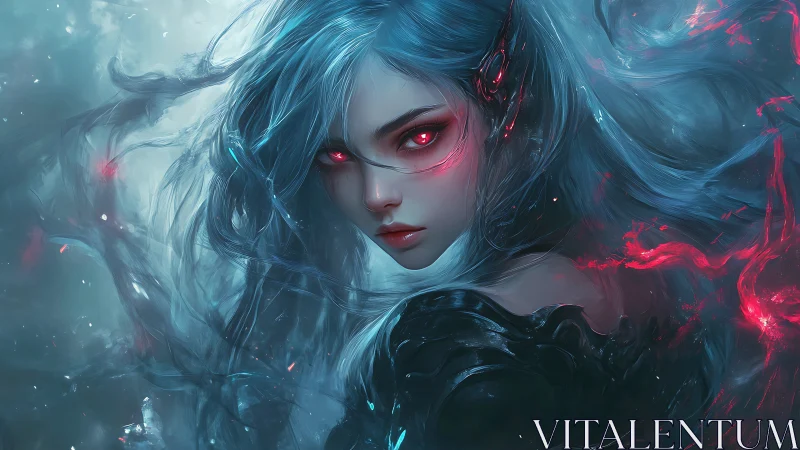 Scarlet-eyed cyber sorceress in swirling cyan ether.