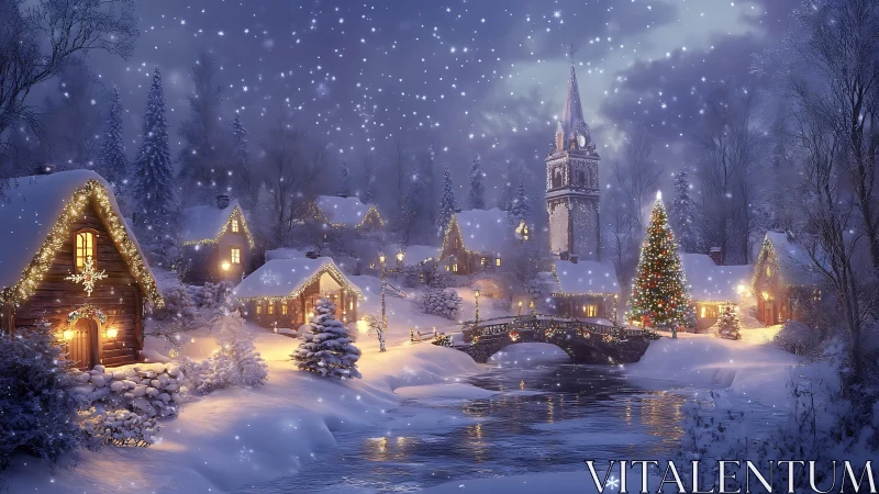 Snowlit village bridge wrapped in cozy Christmas glow.