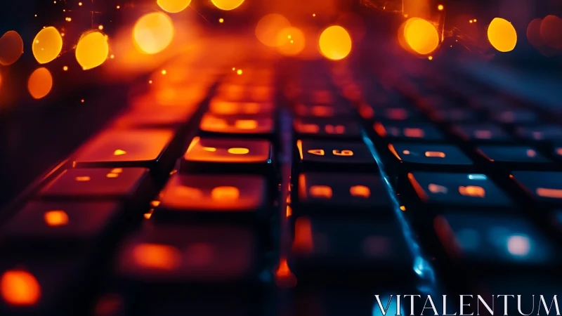 Backlit computer keyboard with orange bokeh highlights.