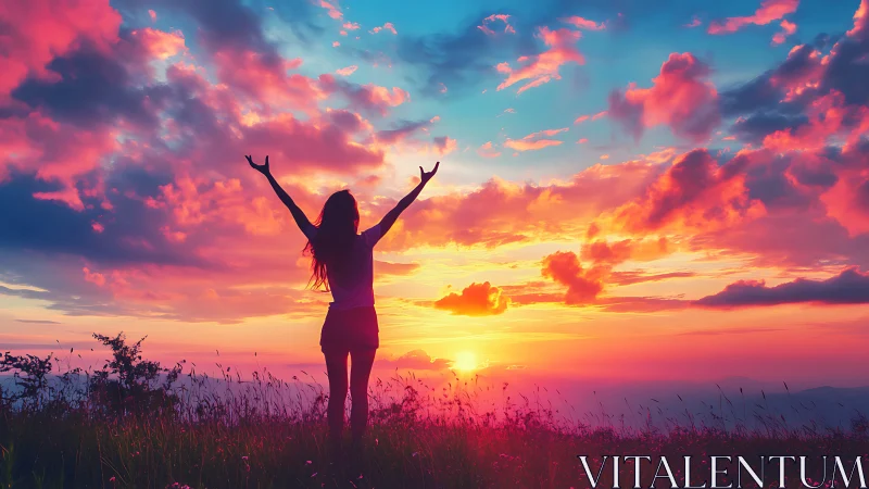 Sunset worshipper crowned in wild neon skyfire glow.