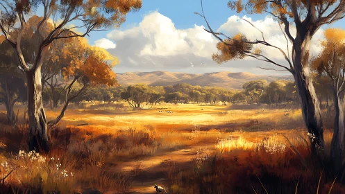 Sunlit eucalyptus savanna with distant rolling hills panorama.