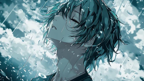 Melancholic teal haired youth in stylized cinematic rain.