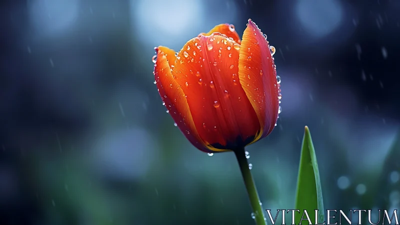 Orange tulip holds crystal raindrops in soft evening rain.