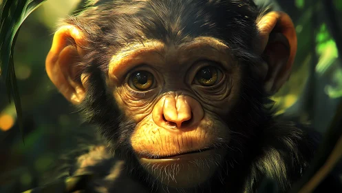 Hyperreal juvenile chimpanzee portrait in dappled jungle light