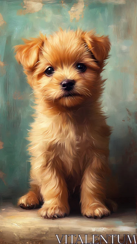 Fluffy golden puppy sits against textured teal background