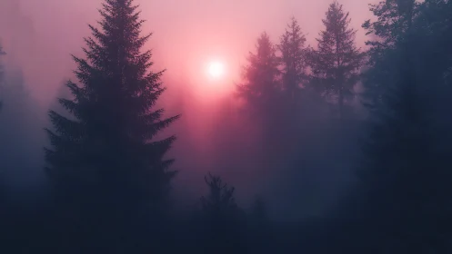 Misty Forest Sunrise Through Evergreen Trees.