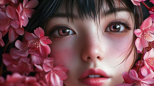 Soft cherry blossom gaze framed in dreamy pink petals.