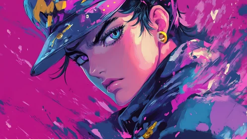 Bold anime hero in neon storm of pink and electric blue.