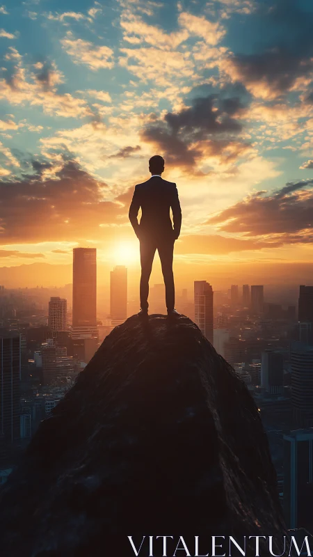 Silhouetted Figure Standing on Peak with Cityscape at Sunset.