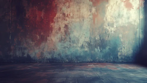 Weathered concrete wall shows moody teal and rust patina.