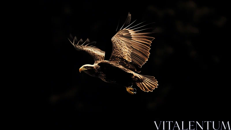 Majestic bald eagle in flight with dramatic lighting on dark background.