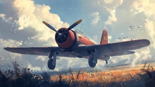 Red single‑engine propeller aircraft descends above field