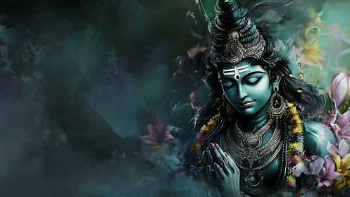 Meditative blue deity in florally framed digital chiaroscuro.
