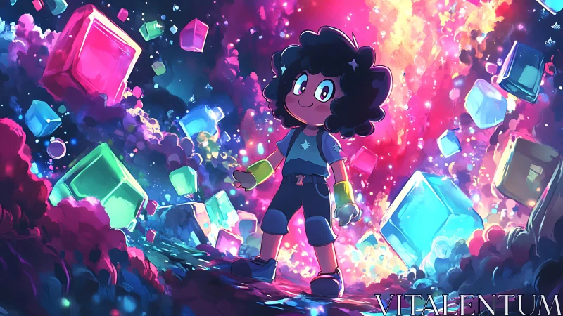 Curly haired kid stands among glowing floating cubes.