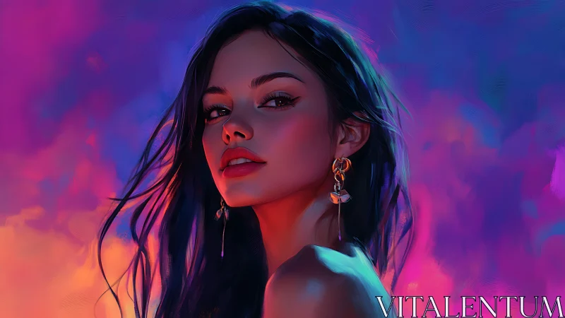 Woman in side-lit portrait against vibrant gradient sky.