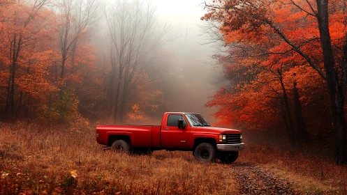 Red pickup truck contrasts against foggy autumn woodland edge