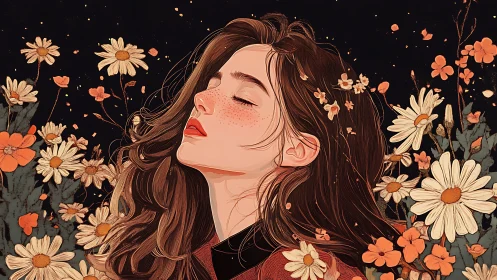 Dreamy girl resting softly among gentle wildflowers.