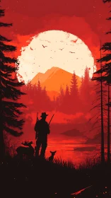 Crimson wilderness hunter before burning sunlit peaks.