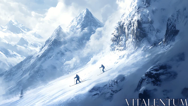 Alpine Skiers Descend Snow-Covered Mountain Peaks in Winter