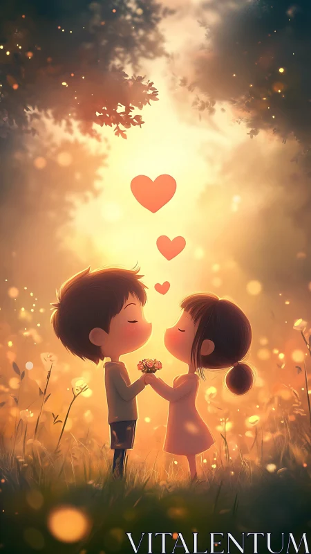 Cartoon Couple Exchanging Flower Under Golden Sunset Sky.