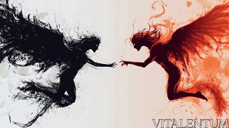 Inkborn angelic duel between shadow and flame in flight.