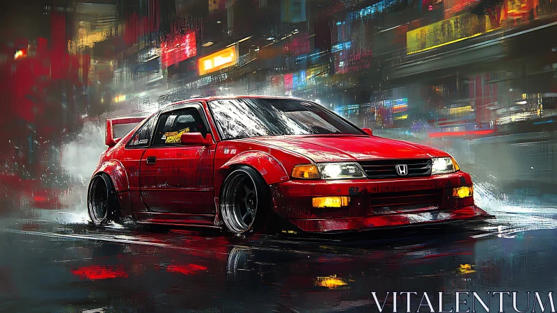Red tuner car powers through neon drenched night street