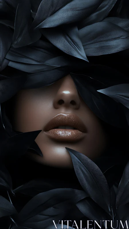 Close-up lips and nose framed by dark glossy leaves.