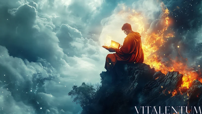 Flame-wrapped scholar lets a burning book rewrite the sky