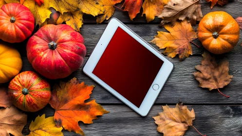 Autumn's Digital Moment: Tablet Among Fall Treasures.