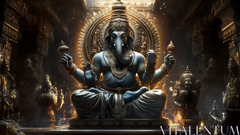 Blue four-armed deity statue sits in ornate golden temple