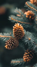 Conifer cones on evergreen branch in shallow depth of field.