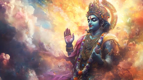 Blue-skinned crowned figure amid dense multicolored clouds.