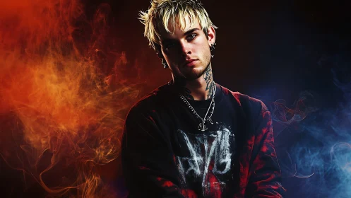 Edgy youth stands between blazing orange and cool blue smoke.