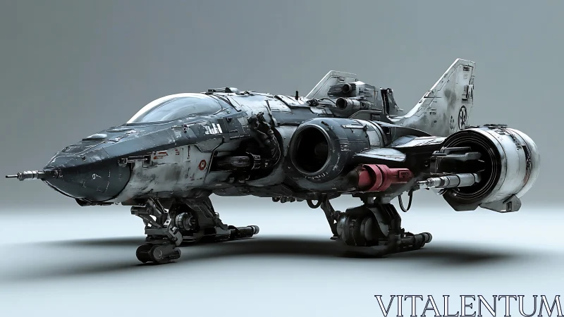 Rugged sci fi starfighter resting between distant missions.